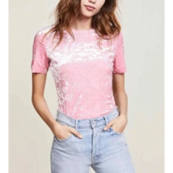 NWOT Tibi Fitted Stretch Crushed Velvet Baby Tee in Pink, Sz XS - Picture 1 of 11